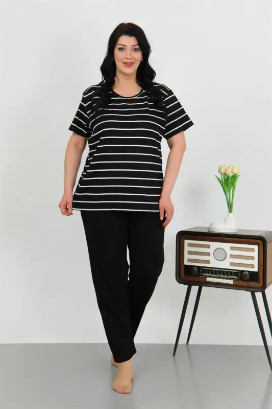 Akbeniz Kadın Büyük Beden Kısa Kol Penye Pijama Takımı Siyah 202505 - 1