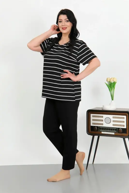 Akbeniz Kadın Büyük Beden Kısa Kol Penye Pijama Takımı Siyah 202505 - 2