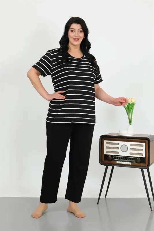 Akbeniz Kadın Büyük Beden Kısa Kol Penye Pijama Takımı Siyah 202505 - 4