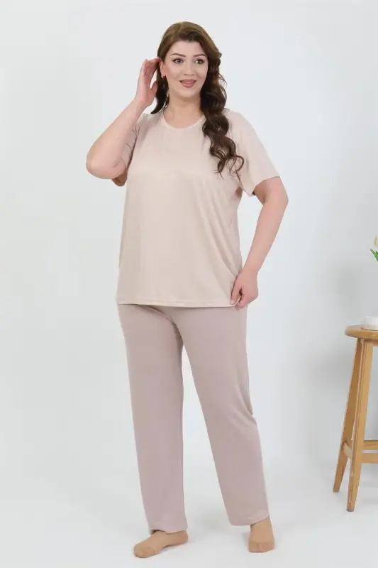 Akbeniz Kadın Büyük Beden Kısa Kol Penye Pijama Takımı Sütlü Kahve 202510 - 1