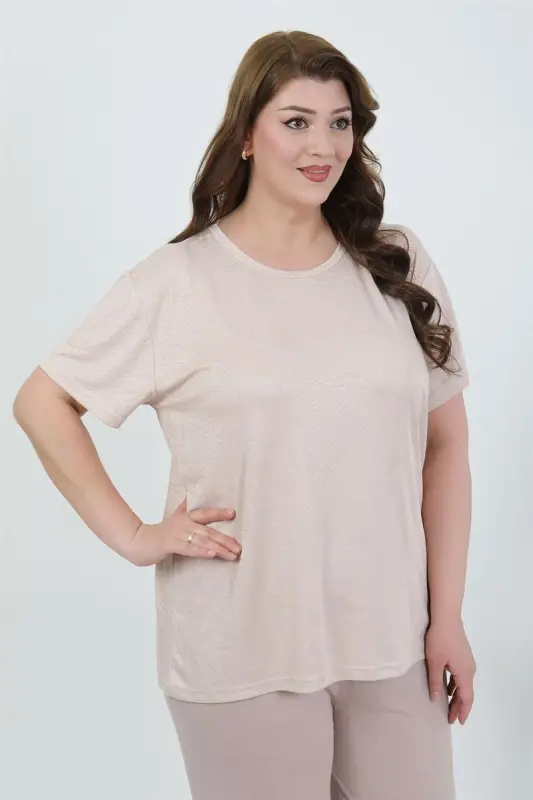 Akbeniz Kadın Büyük Beden Kısa Kol Penye Pijama Takımı Sütlü Kahve 202510 - 2
