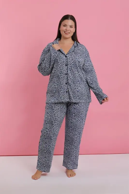 Akbeniz Kadın Büyük Beden Mavi Leopar Desenli Düğmeli Pijama Takımı - 2