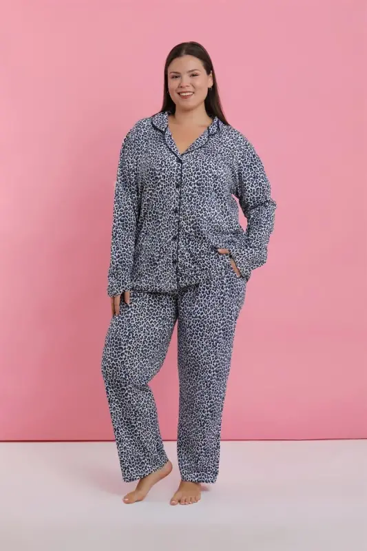 Akbeniz Kadın Büyük Beden Mavi Leopar Desenli Düğmeli Pijama Takımı - 4