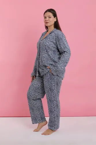 Akbeniz Kadın Büyük Beden Mavi Leopar Desenli Düğmeli Pijama Takımı - 5