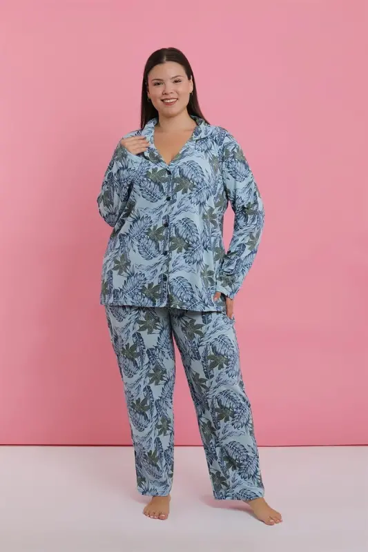Akbeniz Kadın Büyük Beden Mavi Tropikal Desenli Düğmeli Pijama Takımı - AKBENIZ