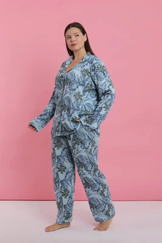 Akbeniz Kadın Büyük Beden Mavi Tropikal Desenli Düğmeli Pijama Takımı - 3