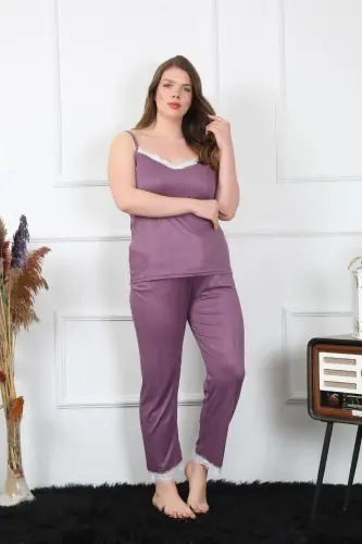 Akbeniz Women's Plus Size Plum Spaghetti Strap Pajama Set 202195 - 3