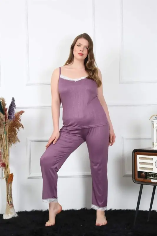 Akbeniz Kadın Büyük Beden Mürdüm İp Askılı Pijama Takım 202195 - 2