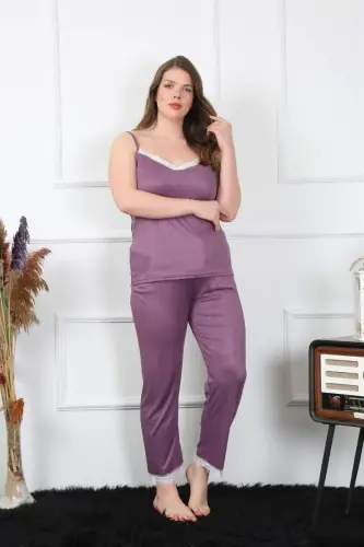 Akbeniz Kadın Büyük Beden Mürdüm İp Askılı Pijama Takım 202195 - 3