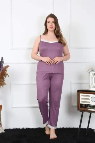 Akbeniz Kadın Büyük Beden Mürdüm İp Askılı Pijama Takım 202195 - 4