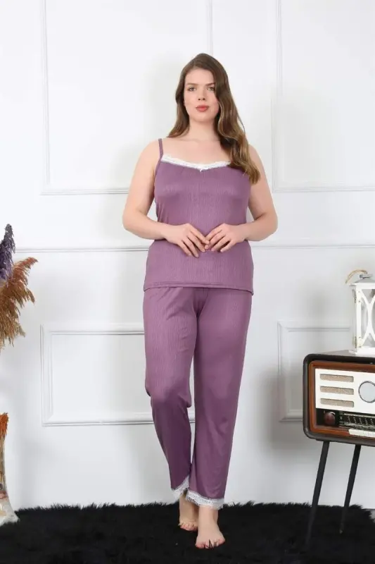 Akbeniz Kadın Büyük Beden Mürdüm İp Askılı Pijama Takım 202195 - 4