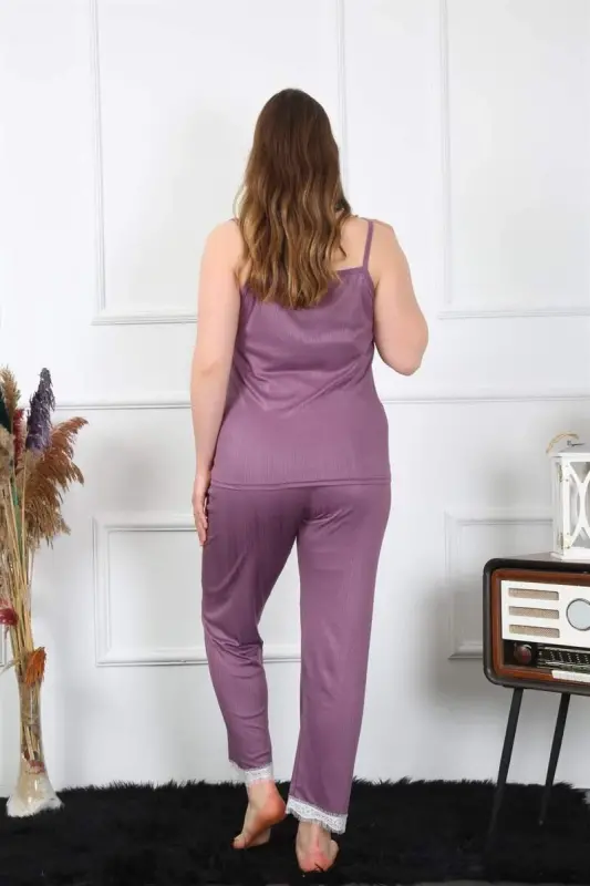 Akbeniz Kadın Büyük Beden Mürdüm İp Askılı Pijama Takım 202195 - 5