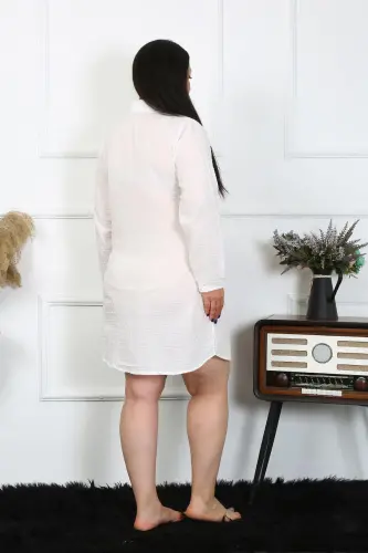 Akbeniz Kadın Büyük Beden Pamuk Dokuma Düğmeli Uzun Kol Ekru Tunik Gecelik 12201 - 2