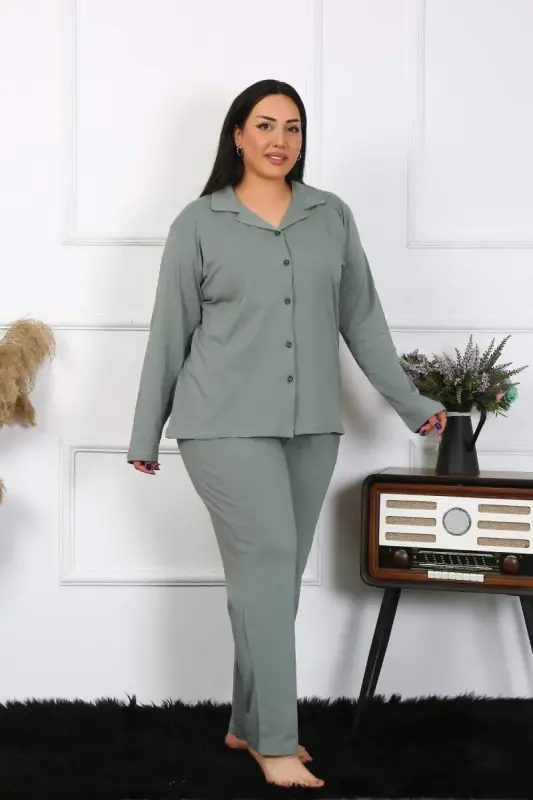 Akbeniz Kadın Büyük Beden Pamuklu Cepli Düğmeli Haki Pijama Takım 202401 - 1