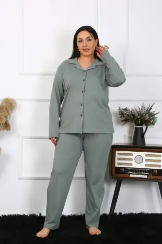 Akbeniz Kadın Büyük Beden Pamuklu Cepli Düğmeli Haki Pijama Takım 202401 - BÜYÜKBEDENIZ (1)