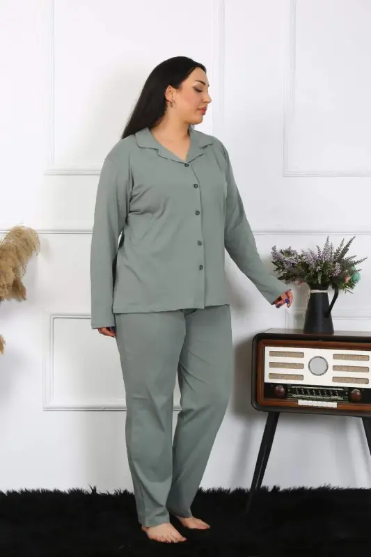 Akbeniz Kadın Büyük Beden Pamuklu Cepli Düğmeli Haki Pijama Takım 202401 - 3