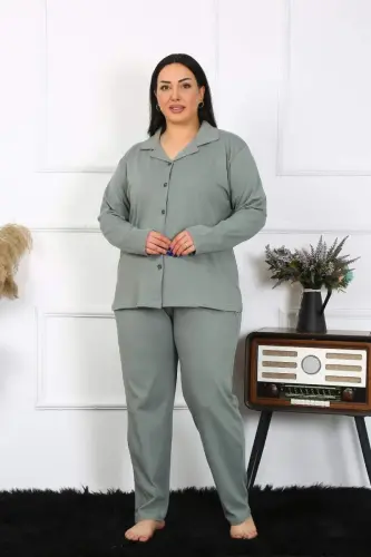 Akbeniz Kadın Büyük Beden Pamuklu Cepli Düğmeli Haki Pijama Takım 202401 - 4