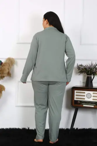 Akbeniz Kadın Büyük Beden Pamuklu Cepli Düğmeli Haki Pijama Takım 202401 - 5