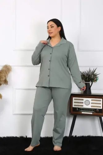 Akbeniz Kadın Büyük Beden Pamuklu Cepli Düğmeli Haki Pijama Takım 202401 - 6