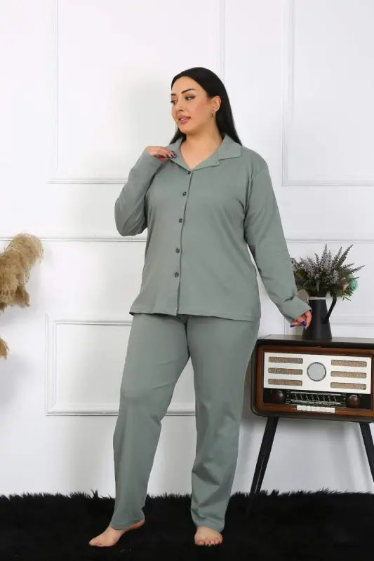 Akbeniz Kadın Büyük Beden Pamuklu Cepli Düğmeli Haki Pijama Takım 202401 - 6