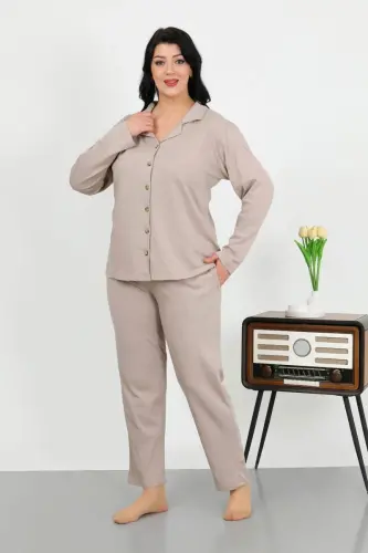Akbeniz Kadın Büyük Beden Pamuklu Cepli Düğmeli Krem Pijama Takım 202506 - 1
