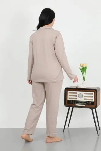 Akbeniz Kadın Büyük Beden Pamuklu Cepli Düğmeli Krem Pijama Takım 202506 - 5