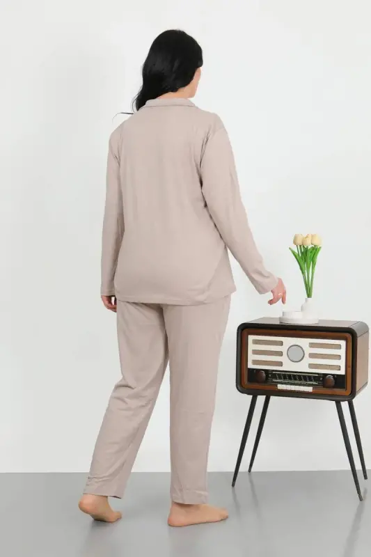 Akbeniz Kadın Büyük Beden Pamuklu Cepli Düğmeli Krem Pijama Takım 202506 - 5