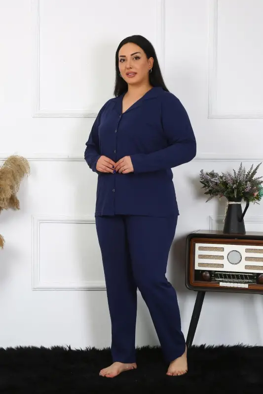 Akbeniz Kadın Büyük Beden Pamuklu Cepli Düğmeli Lacivert Pijama Takım 202401 - 1