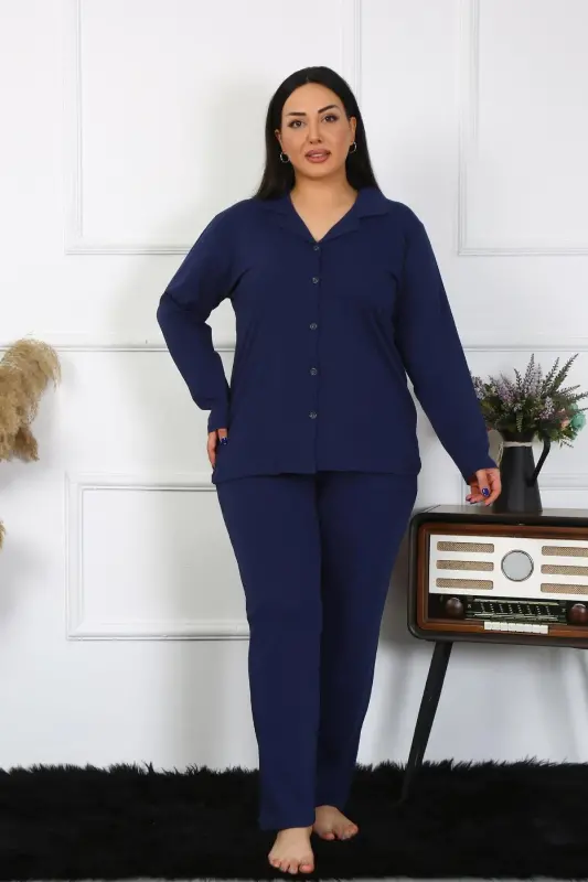 Akbeniz Kadın Büyük Beden Pamuklu Cepli Düğmeli Lacivert Pijama Takım 202401 - 2