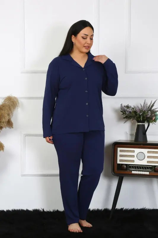Akbeniz Kadın Büyük Beden Pamuklu Cepli Düğmeli Lacivert Pijama Takım 202401 - 3