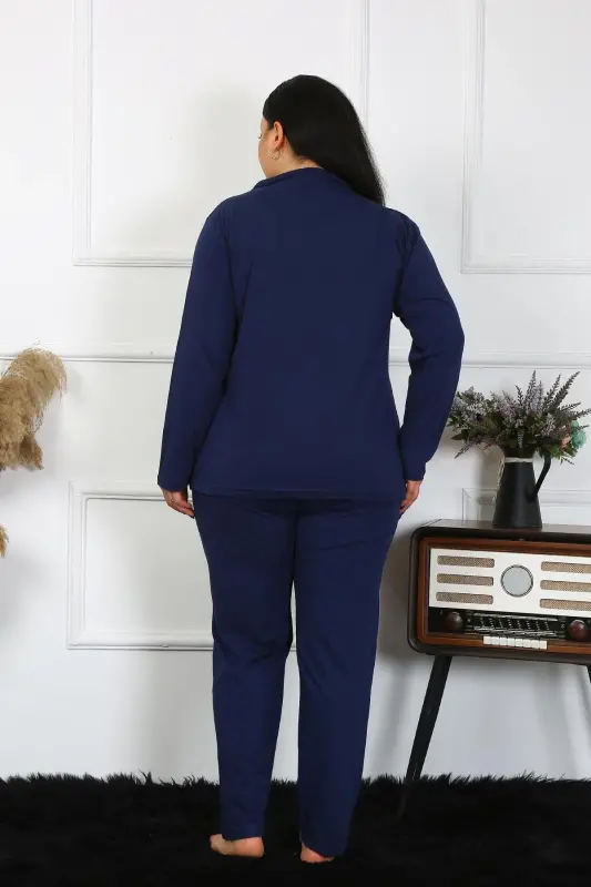 Akbeniz Kadın Büyük Beden Pamuklu Cepli Düğmeli Lacivert Pijama Takım 202401 - 4