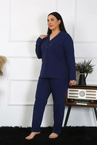 Akbeniz Kadın Büyük Beden Pamuklu Cepli Düğmeli Lacivert Pijama Takım 202401 - 5