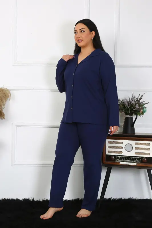Akbeniz Kadın Büyük Beden Pamuklu Cepli Düğmeli Lacivert Pijama Takım 202401 - 5