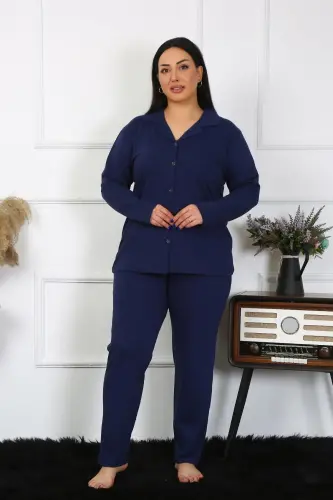 Akbeniz Kadın Büyük Beden Pamuklu Cepli Düğmeli Lacivert Pijama Takım 202401 - 6