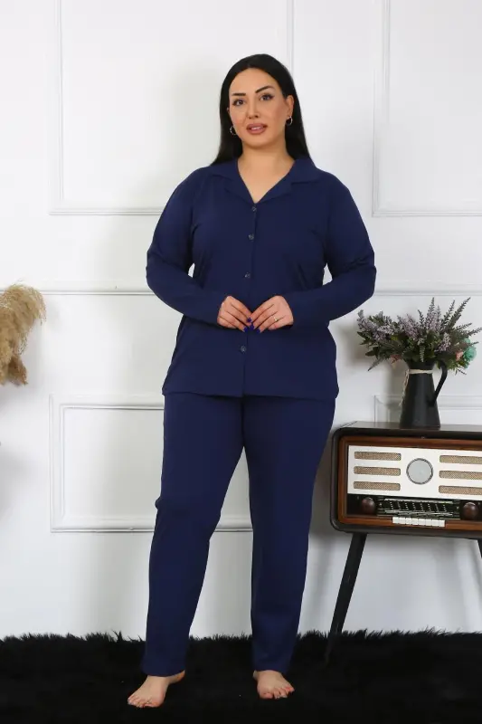 Akbeniz Kadın Büyük Beden Pamuklu Cepli Düğmeli Lacivert Pijama Takım 202401 - 6