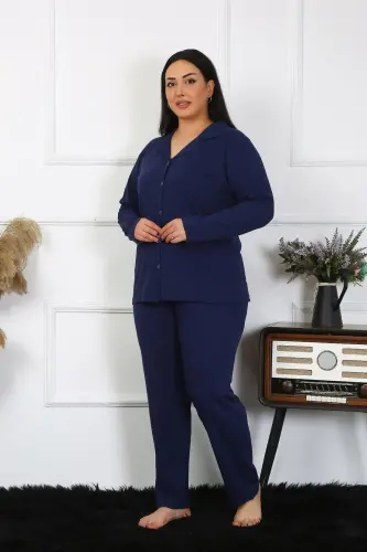 Akbeniz Kadın Büyük Beden Pamuklu Cepli Düğmeli Lacivert Pijama Takım 202401 