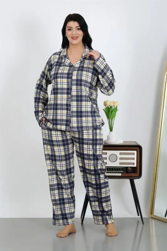 Akbeniz Kadın Büyük Beden Pamuklu Cepli Düğmeli Lacivert Pijama Takım 202504 - 1