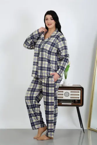 Akbeniz Kadın Büyük Beden Pamuklu Cepli Düğmeli Lacivert Pijama Takım 202504 - AKBENIZ (1)