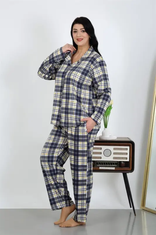 Akbeniz Kadın Büyük Beden Pamuklu Cepli Düğmeli Lacivert Pijama Takım 202504 - 2