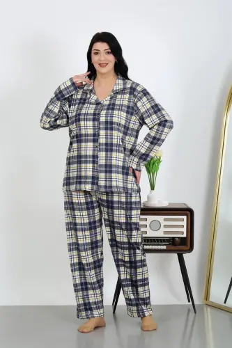 Akbeniz Kadın Büyük Beden Pamuklu Cepli Düğmeli Lacivert Pijama Takım 202504 - 3