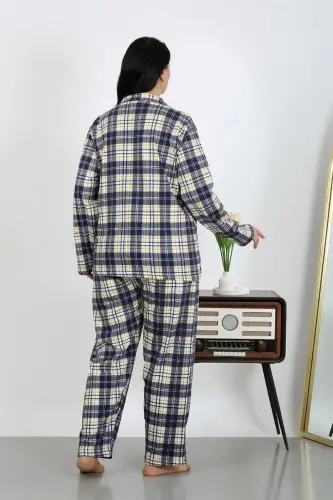 Akbeniz Kadın Büyük Beden Pamuklu Cepli Düğmeli Lacivert Pijama Takım 202504 - 5