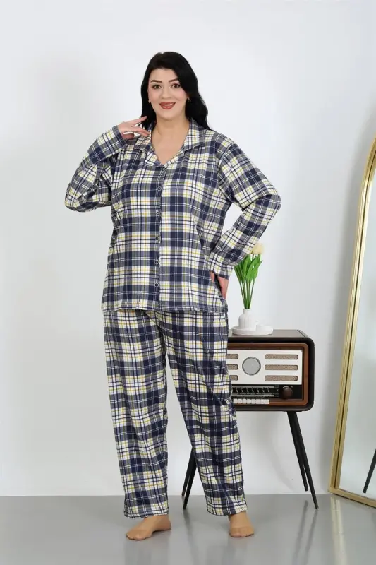 Akbeniz Kadın Büyük Beden Pamuklu Cepli Düğmeli Lacivert Pijama Takım 202504 - 3