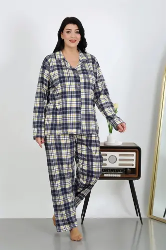 Akbeniz Kadın Büyük Beden Pamuklu Cepli Düğmeli Lacivert Pijama Takım 202504 - 4