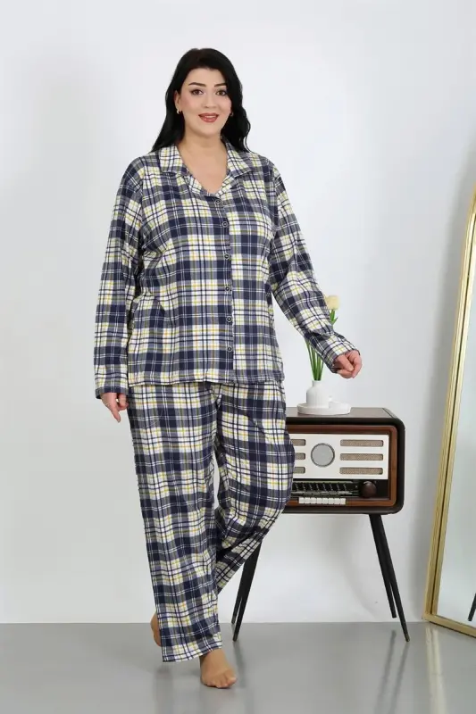 Akbeniz Kadın Büyük Beden Pamuklu Cepli Düğmeli Lacivert Pijama Takım 202504 - 4