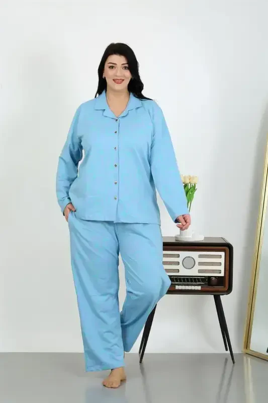 Akbeniz Kadın Büyük Beden Pamuklu Cepli Düğmeli Mavi Pijama Takım 202504 - 1
