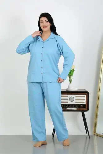Akbeniz Kadın Büyük Beden Pamuklu Cepli Düğmeli Mavi Pijama Takım 202504 - 3