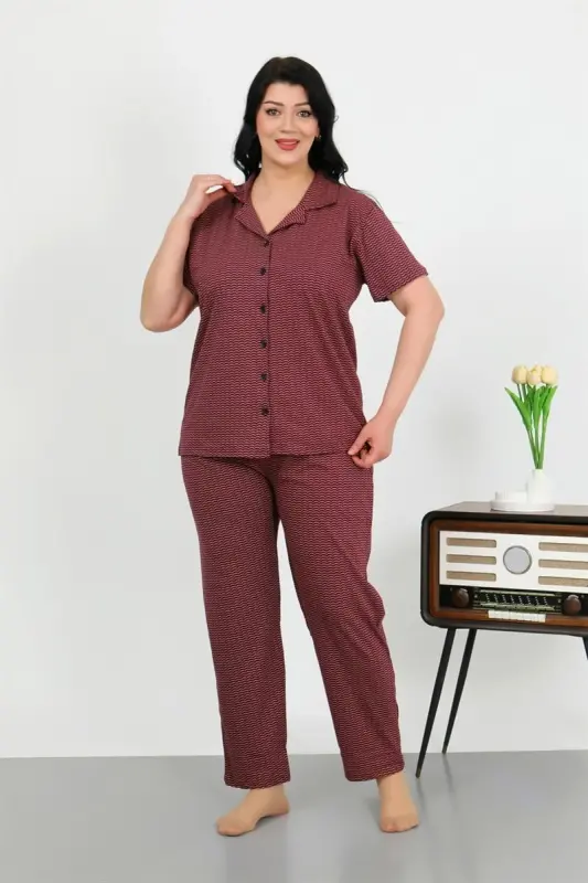 Akbeniz Kadın Büyük Beden Pamuklu Cepli Düğmeli Mor Pijama Takım 202507 - AKBENIZ
