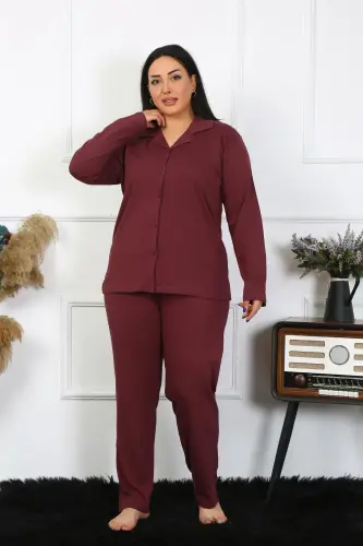 Akbeniz Kadın Büyük Beden Pamuklu Cepli Düğmeli Mürdüm Pijama Takım 202401 