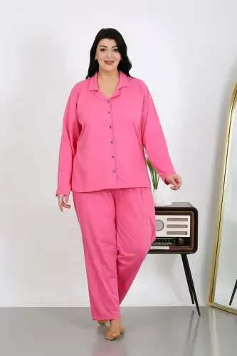 Akbeniz Kadın Büyük Beden Pamuklu Cepli Düğmeli Pembe Pijama Takım 202504 - 3