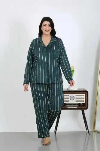Akbeniz Kadın Büyük Beden Pamuklu Cepli Düğmeli Petrol Pijama Takım 202504 - 3